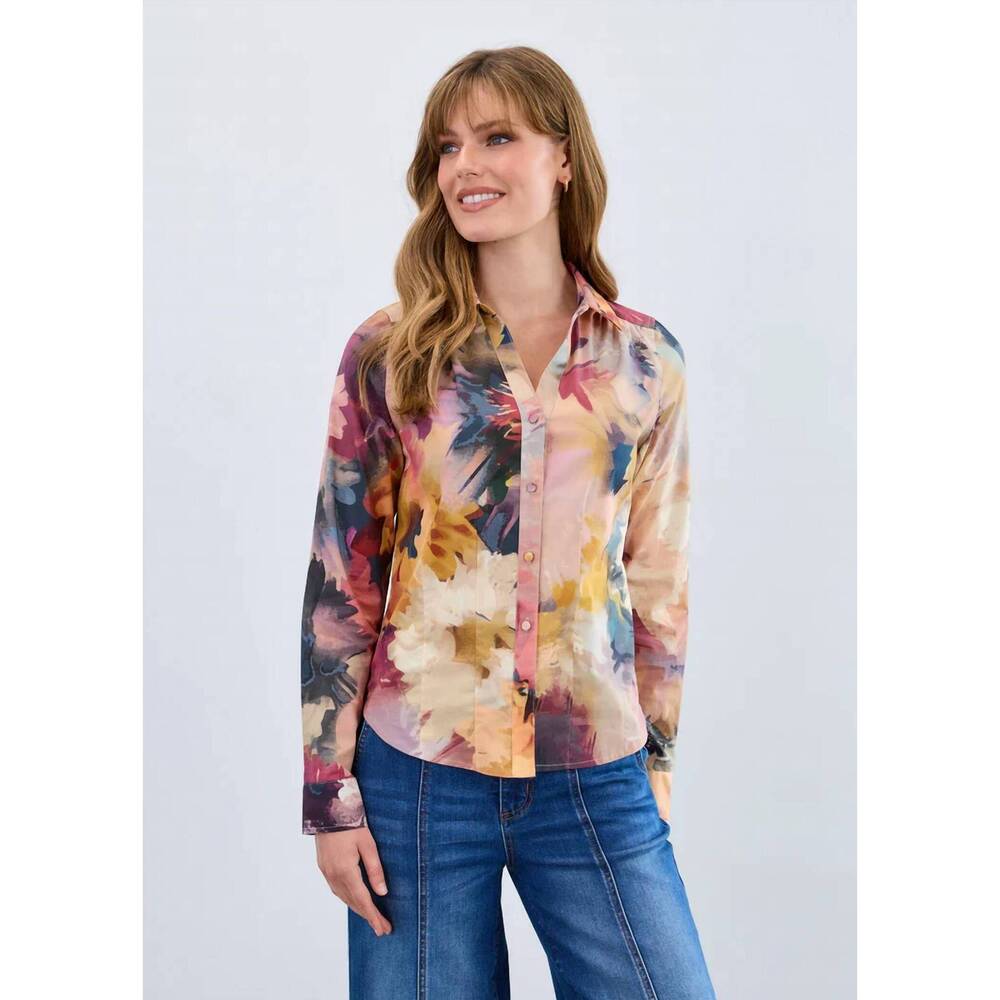 NEW FDJ melanie long-sleeve split neck shirt in multicolor